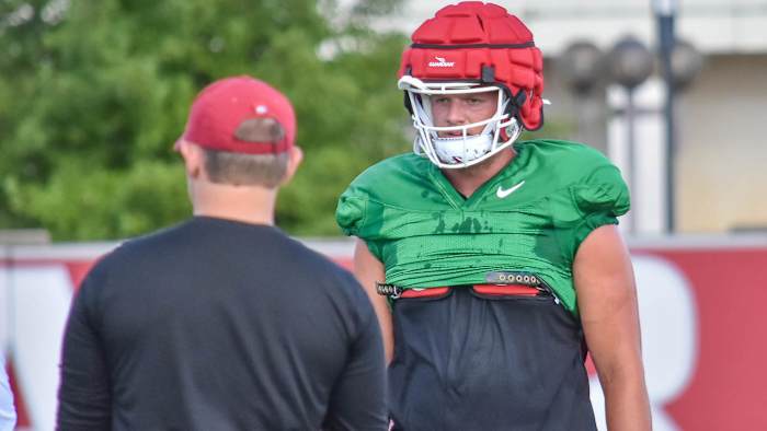 Tight end Blake Kern in a green jersey at practice Monday.